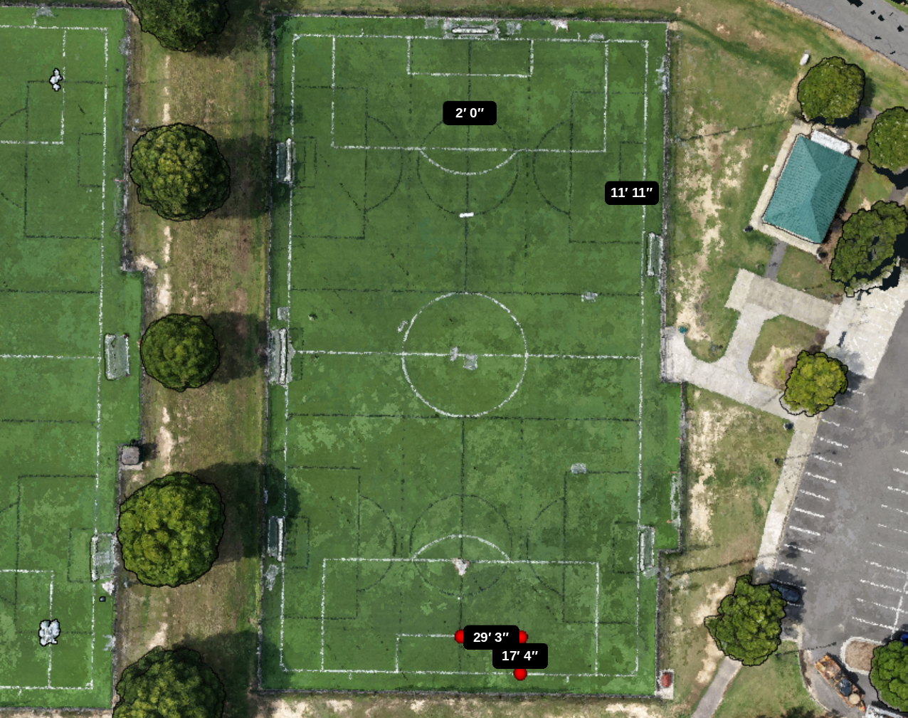 After AerialAlign field dimensions labeled 2 feet, 11 feet 11 inches, 29 feet 3 inches, and 17 feet 4 inches